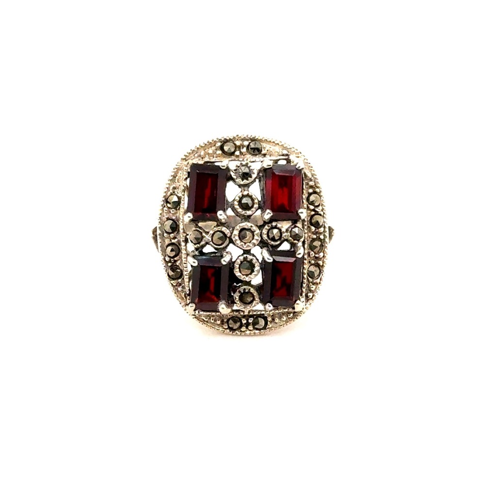 Vintage Sterling Silver Garnet Marcasite Art Deco Style Statement Ring Size 7